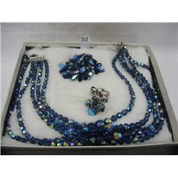 Dark Blue Clip On Earring, Brooch, and Necklace Set