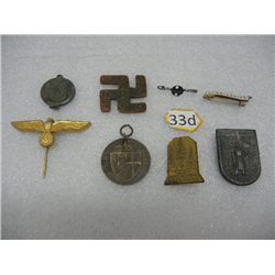 3 German Swastika Pins, Commissaire Pin, 100 Year Harzburg Anniv. Pin, and 2 German Pendants