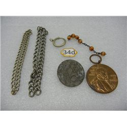 German Kaiser Wilhelm Pendant, 1938 German Swastika Pin, and Misc. Chain