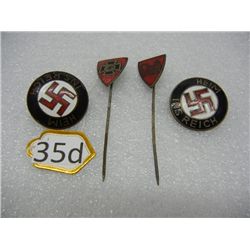 (2) Heim Ins Reich Swastika Pins and (2) German Swastika Stick Pins