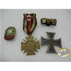 (2) Iron Cross Medals, Swastika and Crossed Swords Pin, and Non Cedo Ferio w/ Sunburst Pin