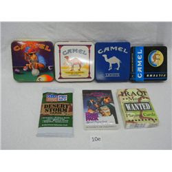 4 Camel Cigarette Tins, Camel Playing Cards, Desert Storm Pro Set, and Iraqi Most Wanted Playing Car