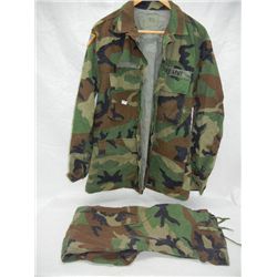 Woodland Camo Pants and Shirt, tear above shirt pocket