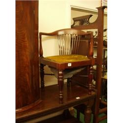 Pair late Victorian mahogany upholstered corner chairs with slatted backs on turned legs with X f…