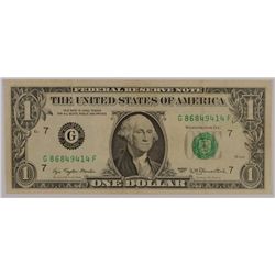 1977 $1 FEDERAL RESERVE NOTE, ERROR, WASHINGTON PORTRAIT ON REVERSE