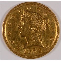 1852-D $5 GOLD LIBERTY, RARE SOUTHERN BRANCH MINT, BU CLEANED