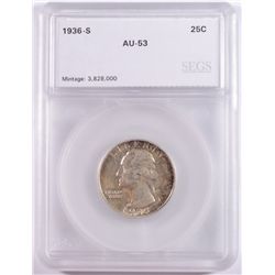1936-S WASHINGTON QUARTER, SEGS AU-53, NICE