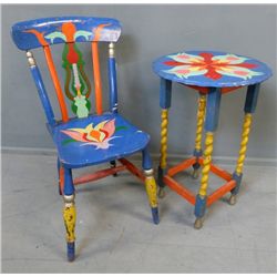 A rare decorated table and chair from the Apple