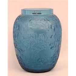 LALIQUE BLUE MOLDED CRYSTAL "DEER" VASE...