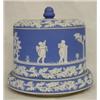 Image 1 : BLUE AND WHITE JASPERWARE CHEESE BELL AND STAND...