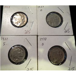 Buffalo Nickels: 1937, 1937d, 1937S & 1938D