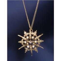 VICTORIAN 14K DIA & SEED PEARL SUNBURST BROOCH...