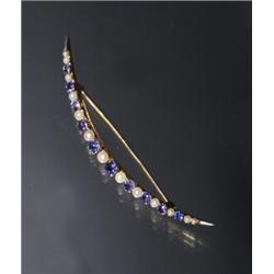 VICTORIAN SAPPHIRE PEARL BROOCH, CRESCENT FORM...