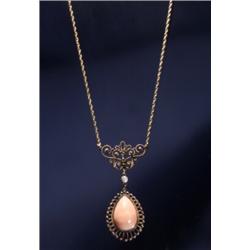 14K VICTORIAN CORAL PEARL LAVALIER...