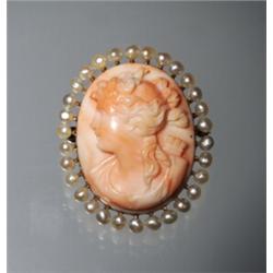 VICTORIAN CORAL CAMEO 14K PEARL...