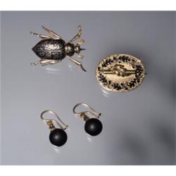 MOURNING JEWELRY JET EARRING BEETLE...