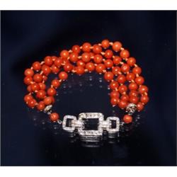 ART DECO CORAL BEAD BRACELET W/DIAMOND AND PLAT...