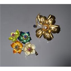 2 18K MINE AND ROSE CUT DIAMOND SAPPHIRE BROOCHES...