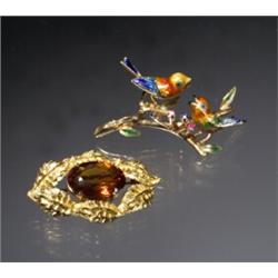 14K BROOCH ENAMEL BIRD, 18K CITRINE...