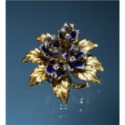 18K FLOWER BROOCH W/DIAMONDS AND ENAMEL...