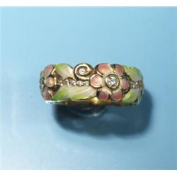 18K FLOWER ENAMEL DIAMOND BAND RING...