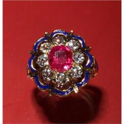 14K RUBY DIAMOND BLUE ENAMEL RING...