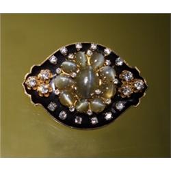 20 CT CATS EYE CHRYSOBERYL DIAMOND AND ENAMEL BROOCH...