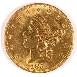 1853 $20 GOLD LIBERTY MS-62 CLEANED