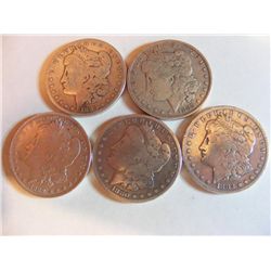 Lot of 5 1880's Morgan Silver Dollars