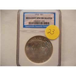1922 BU Peace Dollar, Graded by NGC