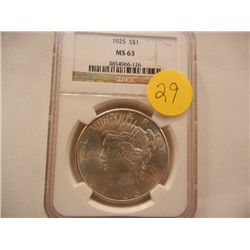 1925 Peace Dollar, Graded by NGC, MS63