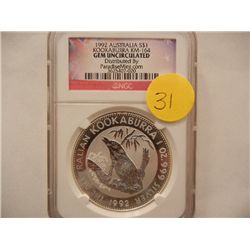 1992 $1 Australian Kookaburra, KM-164, GEM UNC, .999 Fine Silver, 1 Troy Oz., Graded by NGC