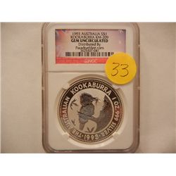 1993 $1 Australian Kookaburra, KM-209, GEM UNC, .999 Fine Silver, 1 Troy Oz., Graded by NGC