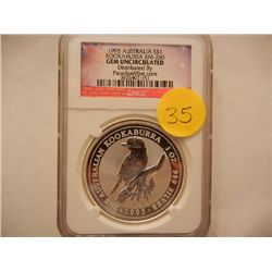 1995 $1 Australian Kookaburra, KM-260, GEM UNC, .999 Fine Silver, 1 Troy Oz., Graded by NGC