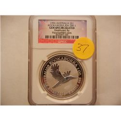1996 $1 Australian Kookaburra, KM-289, GEM UNC, .999 Fine Silver, 1 Troy Oz., Graded by NGC