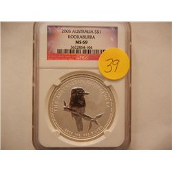 2005 $1 Australian Kookaburra, .999 Fine Silver, 1 Troy Oz., Graded by NGC MS69