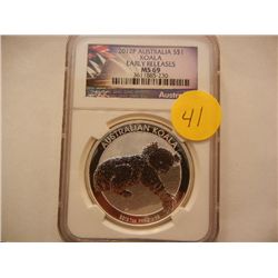 2012P $1 Australian Koala, Early Releases, .999 Fine Silver, 1 Troy Oz, Graded by NGC MS69