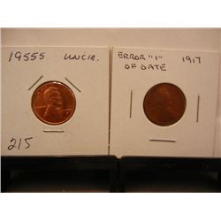 1917 Lincoln Wheat Cent and 1955-S Lincoln Wheat Cent