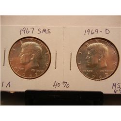1967 & 1969-D 40% Silver Kennedy Half Dollars