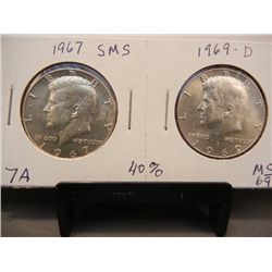 1967 & 1969-D 40% Silver Kennedy Half Dollars