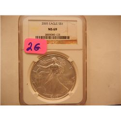 2005 American Silver Eagle, .999 Fine Silver, 1 Troy Oz., Graded by NGC, MS69