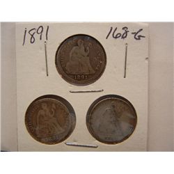 (3) 1891 Seated Liberty Dimes