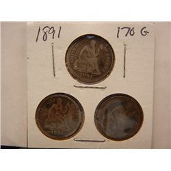 (3) 1891 Seated Liberty Dimes