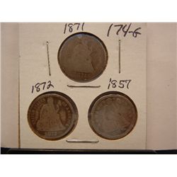 (3) Seated Liberty Dimes: 1857, 1871, and 1872