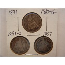 (3) Seated Liberty Dimes: 1857, 1891, and 1891-O