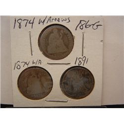 (3) Seated Liberty Dimes: (2) 1874 w/ Arrows and 1891
