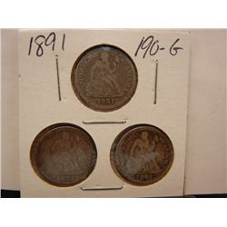 (3) 1891 Seated Liberty Dimes