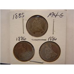 (3) Seated Liberty Dimes: (2) 1886 & 1885
