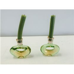 Hand Blown Canadian "Chalet" Green Art Glass Candle Holders