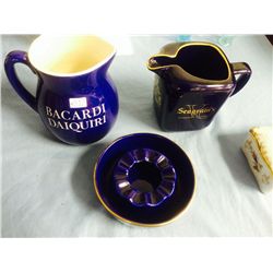 2 Assorted Blue Whiskey Jugs and Ashtray